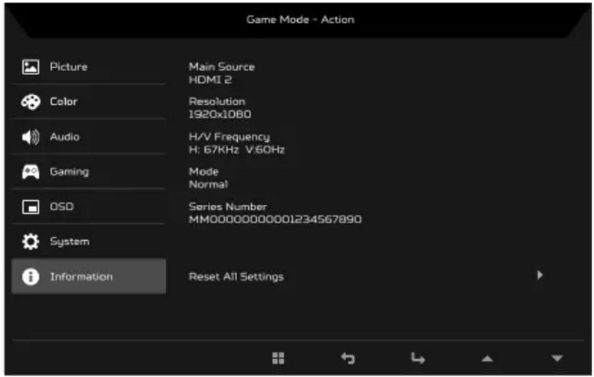 Game Mode - Action Picture Color Audio Gaming OSO System Information Main Source HDMI 2 Resolution 1920x1080 H/V Frequency H: 67KHz V:60Hz Mode Normal Series Number MM000000000001234567890 Reset All Settings