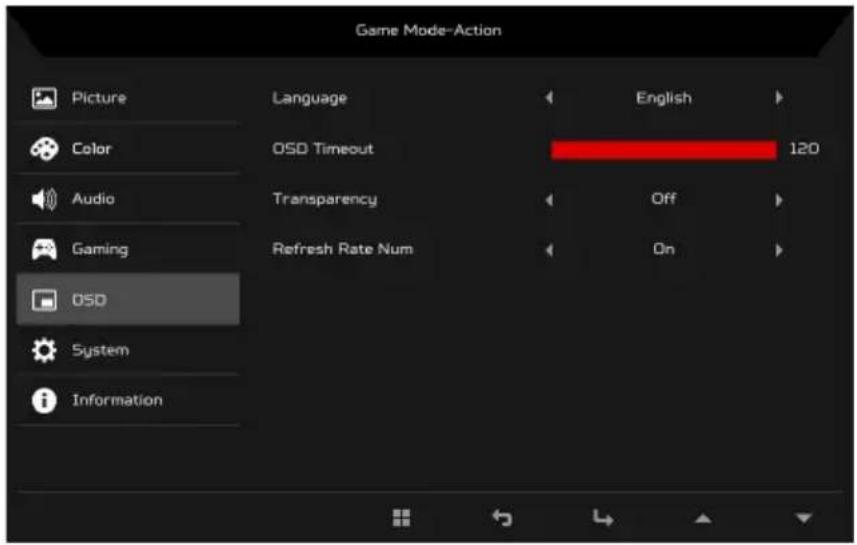 Game Mode-Action Picture Color Audio Gaming OSD System Information Language OSD Timeout Transparency Refresh Rate Num English 120 Off On