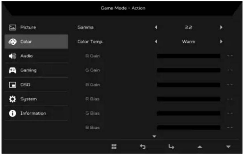 Game Mode - Action Picture Color Audio Gaming OSD System Information Gamma 2.2 Color Temp. Warm R Gain G Gain B Gain R Bias G Bias B Bias