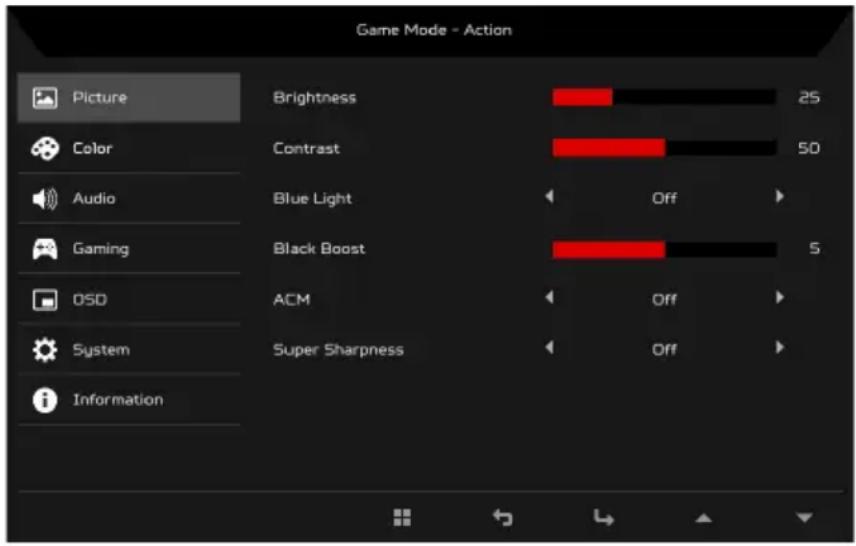 Game Mode - Action Picture Brightness 25 Color Contrast 50 Audio Blue Light Off Gaming Black Boost 5 ACM Off OSD Super Sharpness Off System Information