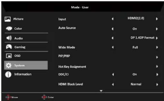Mode - User Picture Color Audio Gaming OSD System Information Input Auto Source Wide Mode PIP/PBP Hot Key Assignment DDC/CI HDMI Black Level HDMI2[2.0] On DP 1.4 DP Format Full On Normal Move Enter