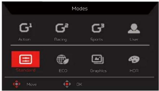 Modes G¹ Action G² Racing G³ Sports User Standard ECO Graphics HDR Move OK