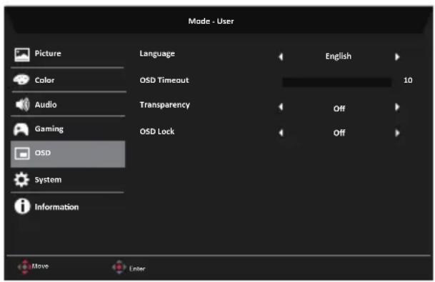 Mode - User Picture Color Audio Gaming OSD System Information Language OSD Timeout Transparency OSD Lock English 10 Off Off Move Enter