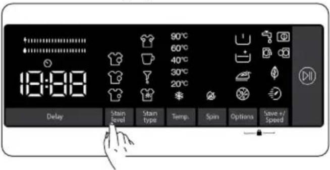18:00 90°C 60°C 40°C 30°C 20°C Delay Stain level Stain type Temp. Spin Options Save +/Speed