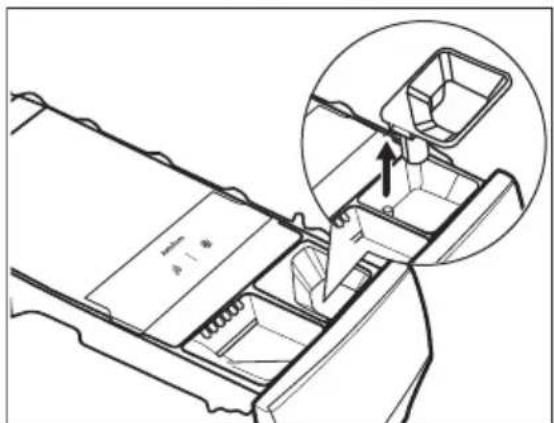 Technical line drawing of a refrigerator interior showing internal compartments and a highlighted section.