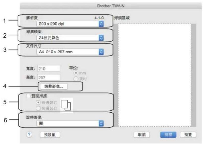 Brother TWAIN 1 解析度 4.1.0 撞描區域 200 x 200 dpi 24位元彩色 文件尺寸 A4 210 x 297 mm 宽度: 210 单位: mm 高度: 297 同时 調整影像... 5 雙面掃描 長邊裝訂 短邊裝訂 6 旋轉影像 關 預設值 取消 携描 預覽