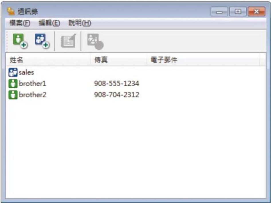 通訊錄 檔案(F) 編輯(E) 說明(H) 姓名 傳真 電子郵件 sales brother1 908-555-1234 brother2 908-704-2312
