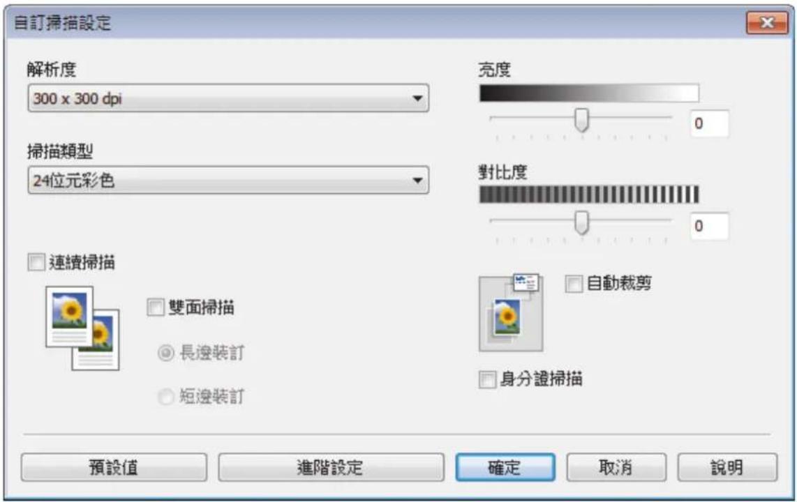 自訂掃描設定 解析度 300 x 300 dpi 掃描類型 24位元彩色 連續掃描 雙面掃描 長邊裝訂 短邊裝訂 亮度 0 對比度 0 自動裁剪 身分證掃描 預設值 進階設定 確定 取消 說明