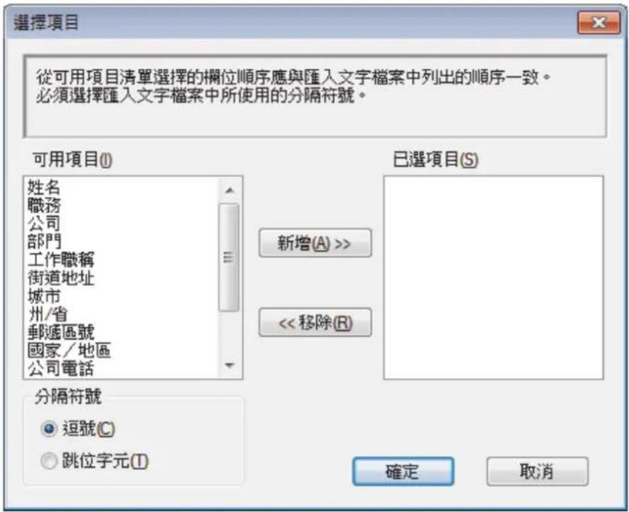 選擇項目 從可用項目清單選擇的欄位順序應與匯入文字檔案中列出的順序一致。 必須選擇匯入文字檔案中所使用的分隔符號。 可用項目(I) 姓名 職務 公司 部門 工作職稱 街道地址 城市 州/省 郵遞區號 國家/地區 公司電話 已選項目(S) 新增(A) >> << 移除(R) 分隔符號 逗號(C) 跳位字元(I) 確定 取消