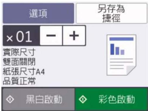 選項 另存為 捷徑 ×01 - + 實際尺寸 雙面關閉 紙張尺寸A4 品質正常 黑白啟動 彩色啟動