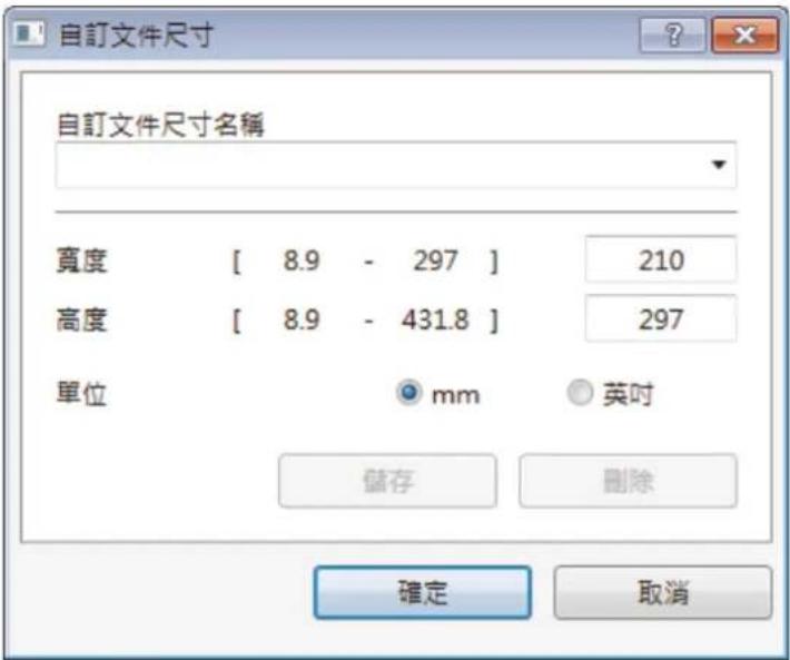 自訂文件尺寸 自訂文件尺寸名稱 寬度 [ 8.9 - 297 ] 210 高度 [ 8.9 - 431.8 ] 297 單位 mm 英吋 儲存 刪除 確定 取消
