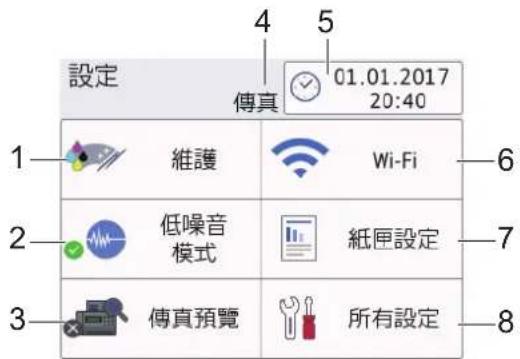 設定 01.01.2017 20:40 傳真 1 維護 Wi-Fi 6 2 低噪音 模式 紙匣設定 7 3 傳真預覽 所有設定 8
