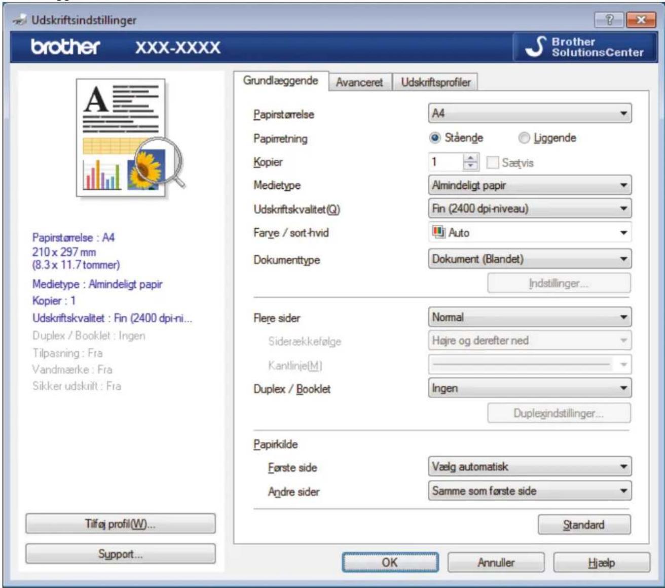 Udskriftsindstillinger brother XXX-XXXX Brother SolutionsCenter A Papirstørelse : A4 210 x 297 mm (8.3 x 11.7 tommer) Medietype : Almindeligt papir Kopier : 1 Udskriftskvalitet : Fin (2400 dpi-ni... Duplex / Booklet : Ingen Tilpasning : Fra Vandmærke : Fra Sikker udskrift : Fra Grundlæggende Avanceret Udskriftsprofiler Papirstørelse A4 Papirretning Stående Liggende Kopier 1 Sætvis Medietype Almindeligt papir Udskriftskvalitet(Q) Fin (2400 dpi-niveau) Farve / sort-hvid Auto Dokumenttype Dokument (Blandet) Indstillinger... Flere sider Normal Siderækkefølge Højre og derefter ned Kantlinje(M) Duplex / Booklet Ingen Duplexindstillinger... Papirkilde Første side Vælg automatisk Andre sider Samme som første side Standard Tilføj profil(W)... Support... OK Annuller Hjælp
