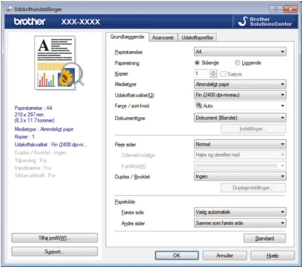 Udskriftsindstillinger brother XXX-XXXX Brother SolutionsCenter A Papirstørelse : A4 210 x 297 mm (8.3 x 11.7 tommer) Medietype : Almindeligt papir Kopier : 1 Udskriftskvalitet : Fin (2400 dpi-ni... Duplex / Booklet : Ingen Tilpasning : Fra Vandmærke : Fra Sikker udskrift : Fra Grundlæggende Avanceret Udskriftsprofiler Papirstørelse A4 Papirretning Stående Liggende Kopier 1 Sætvis Medietype Almindeligt papir Udskriftskvalitet(Q) Fin (2400 dpi-niveau) Farve / sort-hvid Auto Dokumenttype Dokument (Blandet) Indstillinger... Flerre sider Normal Siderækkefølge Højre og derefter ned Kantlinje(M) Duplex / Booklet Ingen Duplegindstillinger... Papirkilde Første side Vælg automatisk Andre sider Samme som første side Standard Tilføj profil(W)... Support... OK Annuller Hjælp