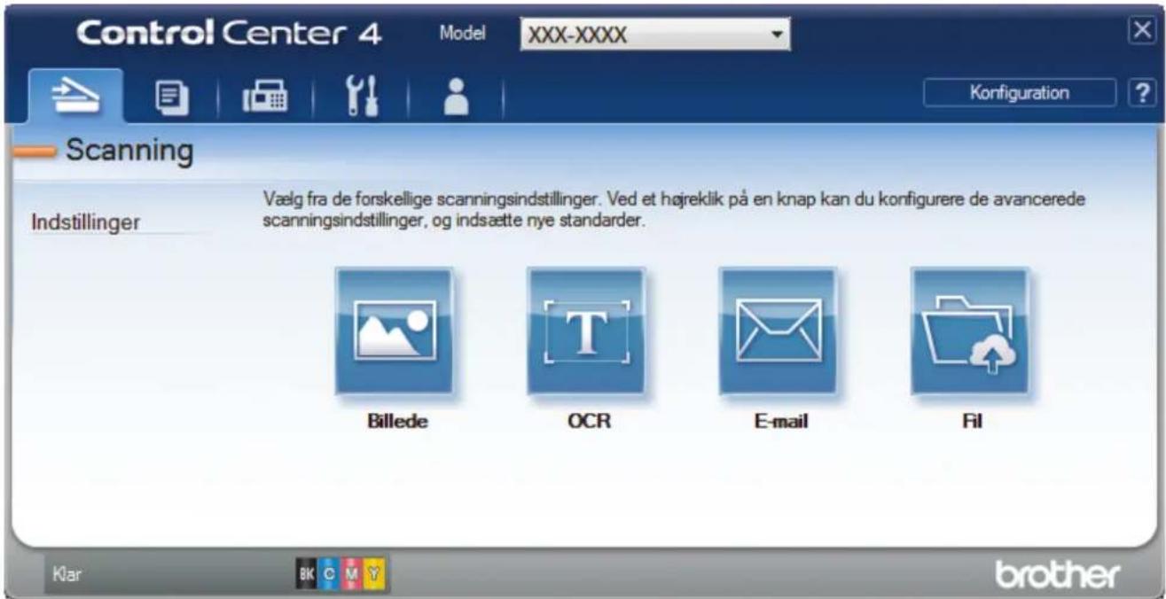 Control Center 4 Model XXX-XXXX Konfiguration Scanning Indstillinger Vælg fra de forskellige scanningsindstillinger. Ved et højreklik på en knap kan du konfigurere de avancerede scanningsindstillinger, og indsætte nye standarder. Billede OCR E-mail Fil Klar BK C M Y brother