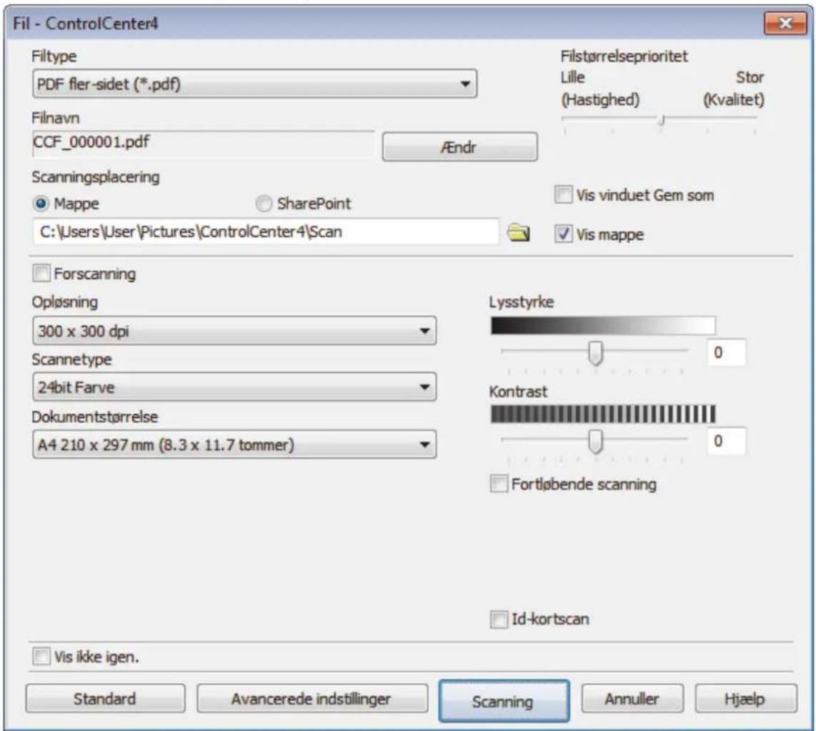 Fil - ControlCenter4 Filttype PDF fler-sidet (*.pdf) Filnavn CCF_000001.pdf AEndr Scanningsplacering Mappe SharePoint C:\Users\User\Pictures\ControlCenter4\Scan Vis vinduet Gem som Vis mappe Forscanning Opløsning 300 x 300 dpi Scannetype 24bit Farve Dokumentstørrelse A4 210 x 297 mm (8.3 x 11.7 tommer) Lysstyrke Kontrast Fortløbende scanning Id-kortscan Vis ikke igen. Standard Avancerede indstillinger Scanning Annuller Hjaelp