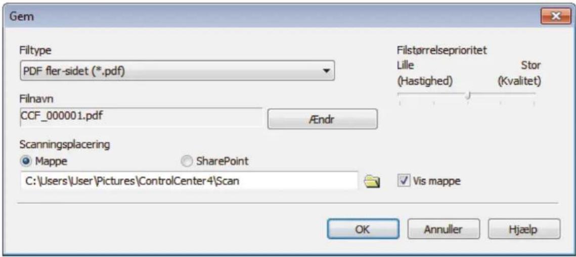 Gem Filtype PDF fler-sidet (*.pdf) Filnavn CCF_000001.pdf Ændr Scanningsplacering Mappe SharePoint C:\Users\User\Pictures\ControlCenter4\Scan Filstørrelseprioritet Lille (Hastighed) Stor (Kvalitet) ✓ Vis mappe OK Annuller Hjælp