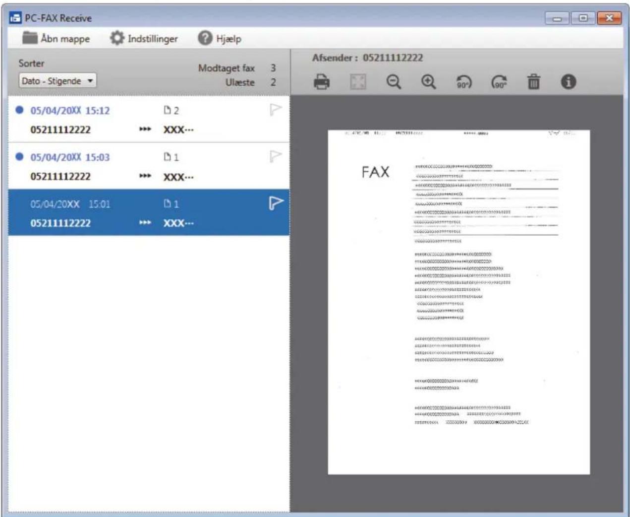 PC-FAX Receive Abn mappe Indstillinger Hjælp Sorter Modtaget fax 3 Dato - Stigende Ulaeste 2 Afsender: 05211112222 FAX