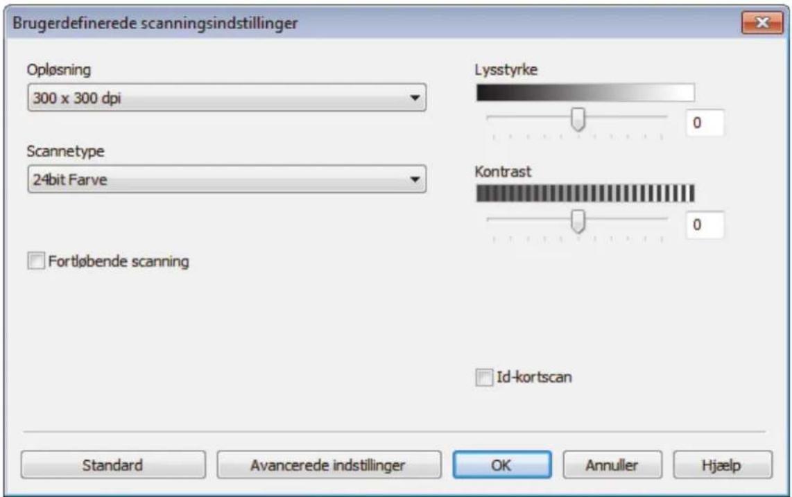 Brugerdefinerede scanningsindstillinger Opløsning 300 x 300 dpi Scannetype 24bit Farve Fortløbende scanning Lysstyrke Kontrast Id-kortscan Standard Avancerede indstillinger OK Annuller Hjælp