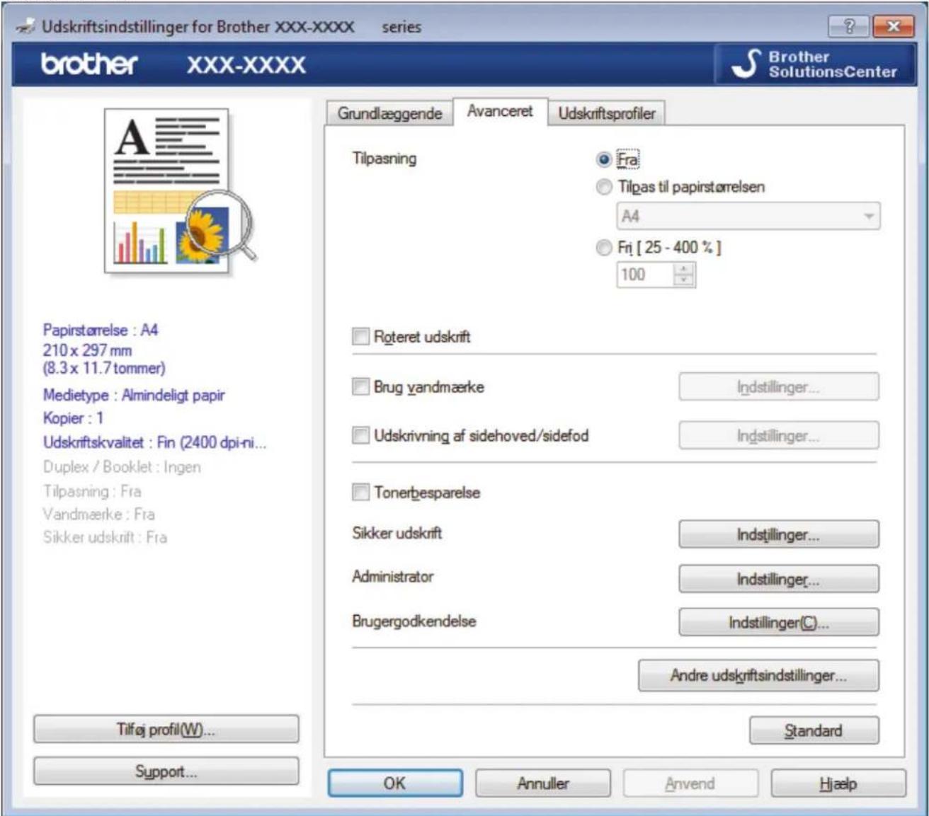 Udskriftsindstillinger for Brother XXX-XXXX series brother XXX-XXXX Brother SolutionsCenter Grundlæggende Avanceret Udskriftsprofiler Papirstørelse : A4 210 x 297 mm (8.3 x 11.7 tommer) Medietype : Almindeligt papir Kopier : 1 Udskriftskvalitet : Fin (2400 dpi-ni... Duplex / Booklet : Ingen Tilpasning : Fra Vandmærke : Fra Sikker udskrift : Fra Papirstørelse : A4 210 x 297 mm (8.3 x 11.7 tommer) Medietype : Almindeligt papir Kopier : 1 Udskriftskvalitet : Fin (2400 dpi-ni... Duplex / Booklet : Ingen Tilpasning : Fra Vandmærke : Fra Sikker udskrift : Papirstørelse : A4 210 x 297 mm (8.3 x 11.7 tommer) Medietype : Almindeligt papir Kopier : 1 Udskriftskvalitet : Fin (2400 dpi-ni... Duplex / Booklet : Ingen Tilpasning : Fra Vandmærke : Fra Sikker udskrift : Tilføj profil(W)... Support... Grundlæggende Avanceret Udskriftsprofiler Tilpasning Fra Tilpas til papirstørelsen A4 Fri [ 25 - 400 % ] 100 Roteret udskrift Brug vandmærke Indstillinger... Udskrivning af sidehoved/sidefod Indstillinger... Tonerbesparelse Sikker udskrift Indstillinger... Administrator Indstillinger... Brugergodkendelse Indstillinger(C)... Andre udskriftsindstillinger... Standard OK Annuller Anvend Hjaelp