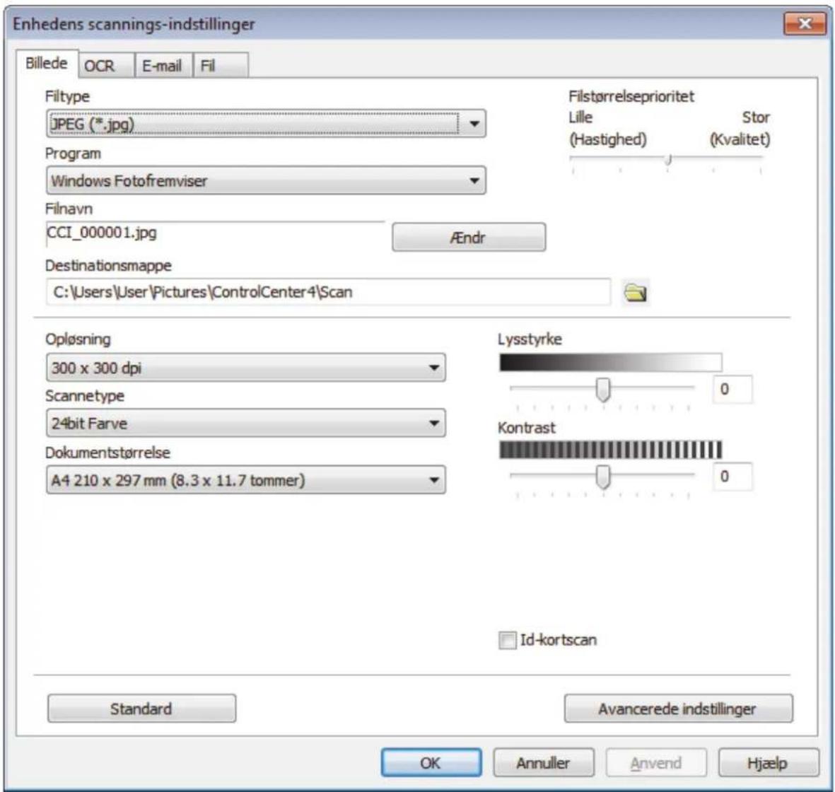 Enhedens scannings-indstillinger Billede OCR E-mail Fil Filtype JPEG (*.jpg) Program Windows Fotofremviser Filnavn CCI_000001.jpg Ændr Destinationsmappe C:\Users\User\Pictures\ControlCenter4\Scan Opløsning 300 x 300 dpi Scannetype 24bit Farve Dokumentstørrelse A4 210 x 297 mm (8.3 x 11.7 tommer) Filstørrelseprioritet Lille Stor (Hastighed)(Kvalitet) Lysstyrke 0 Kontrast 0 Id-kortscan Standard Avancerede indstillinger OK Annuller Anvend Hjaelp
