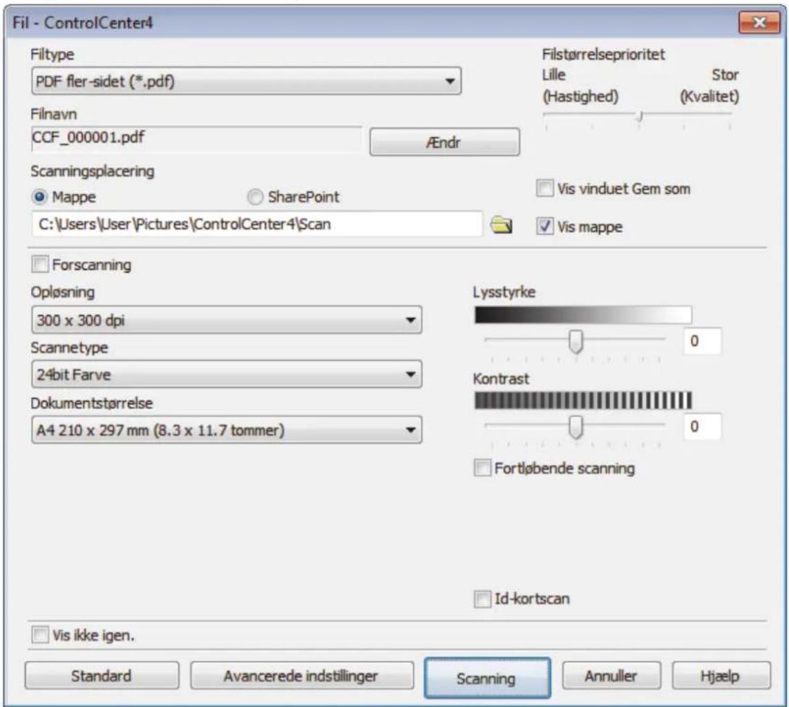 Fil - ControlCenter4 Filttype PDF fler-sidet (*.pdf) Filnavn CCF_000001.pdf AEndr Scanningsplacering Mappe SharePoint C:\Users\User\Pictures\ControlCenter4\Scan Filstørrelseprioritet Lille (Hastighed) Stor (Kvalitet) Vis vinduet Gem som Vis mappe Forscanning Opløsning 300 x 300 dpi Scannetype 24bit Farve Dokumentstørrelse A4 210 x 297 mm (8.3 x 11.7 tommer) Lysstyrke Kontrast Fortløbende scanning Id-kortscan Vis ikke igen. Standard Avancerede indstillinger Scanning Annuller Hjaelp