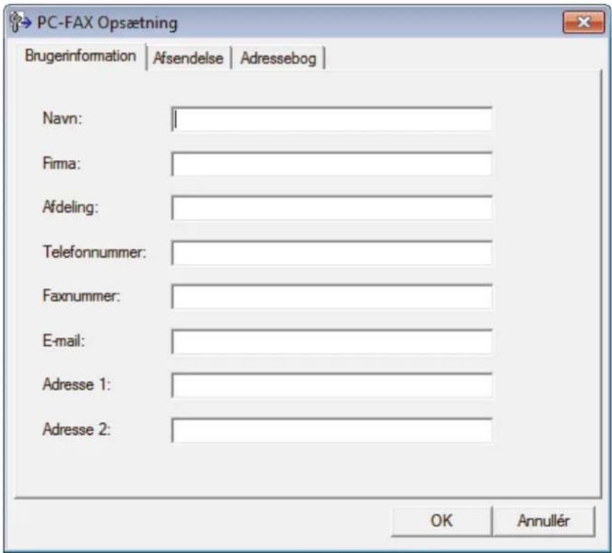 PC-FAX Opsætning Brugerinformation | Afsendelse | Adressebog | Navn: 1 Firma: Afdeling: Telefonnummer: Faxnummer: E-mail: Adresse 1: Adresse 2: OK Annullér