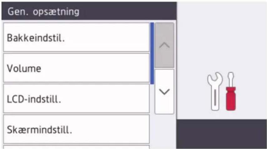 Gen. opsætning Bakkeindstil. Volume LCD-indstill. Skærmindstill.