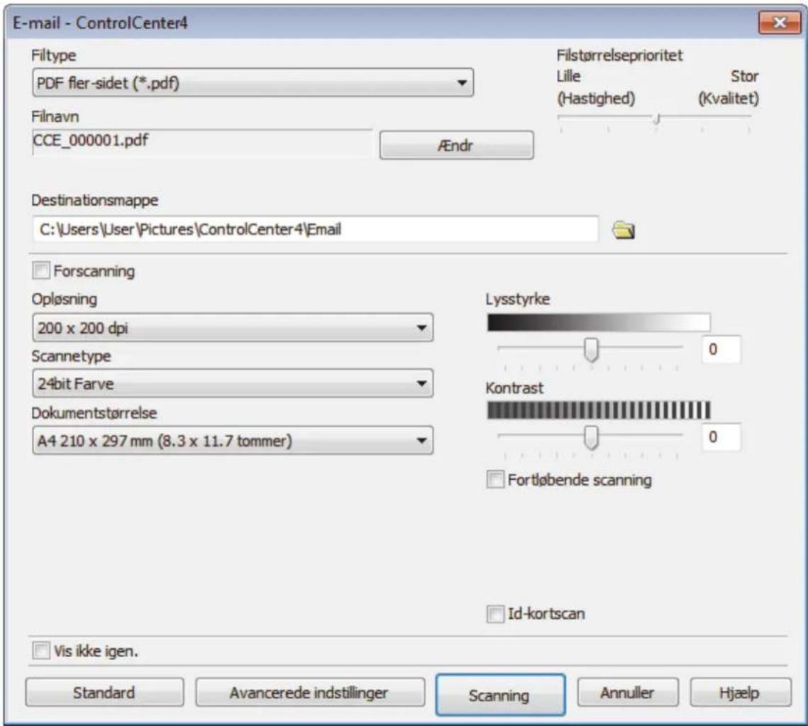 E-mail - ControlCenter4 Filtype PDF fler-sidet (*.pdf) Filnavn CCE_000001.pdf Ændr Filstørrelseprioritet Lille (Hastighed) Stor (Kvalitet) Destinationsmappe C:\Users\User\Pictures\ControlCenter4 Electron Forscanning Opløsning 200 x 200 dpi Scannetype 24bit Farve Dokumentstørrelse A4 210 x 297 mm (8.3 x 11.7 tommer) Lysstyrke Kontrast Fortløbende scanning Id-kortscan Vis ikke igen. Standard Avancerede indstillinger Scanning Annuller Hjælp