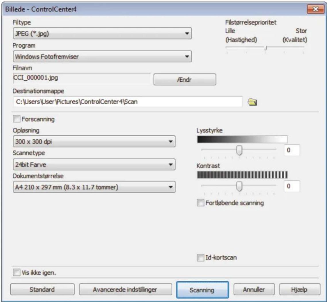 Billede - ControlCenter4 Filtype JPEG (*.jpg) Program Windows Fotofremviser Filnavn CCI_000001.jpg Ændr Destinationsmappe C:\Users\User\Pictures\ControlCenter4\Scan Filstørrelseprioritet Lille (Hastighed) Stor (Kvalitet) Forscanning Opløsning 300 x 300 dpi Scannetype 24bit Farve Dokumentstørrelse A4 210 x 297 mm (8.3 x 11.7 tommer) Lysstyrke 0 Kontrast 0 Fortløbende scanning Id-kortscan Vis ikke igen. Standard Avancerede indstillinger Scanning Annuller Hjaelp
