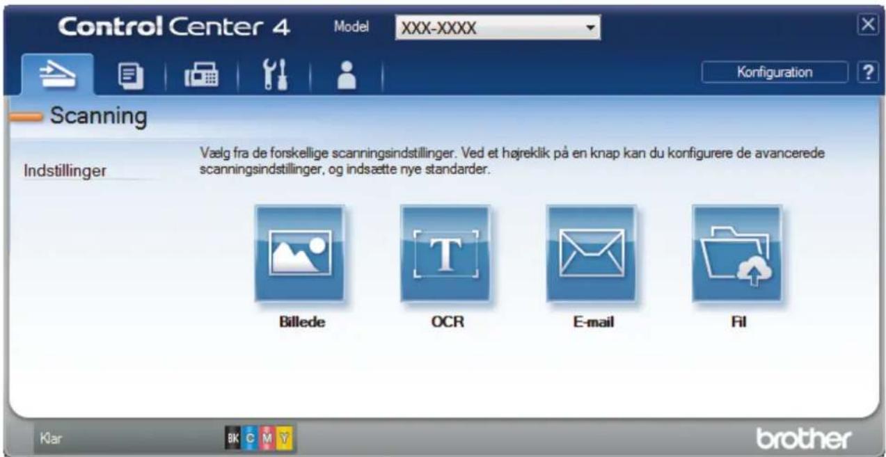 Control Center 4 Model XXX-XXXX Konfiguration Scanning Indstillinger Vælg fra de forskellige scanningsindstillinger. Ved et højreklik på en knap kan du konfigurere de avancerede scanningsindstillinger, og indsætte nye standarder. Billede OCR E-mail Fil Klar BK C M Y brother