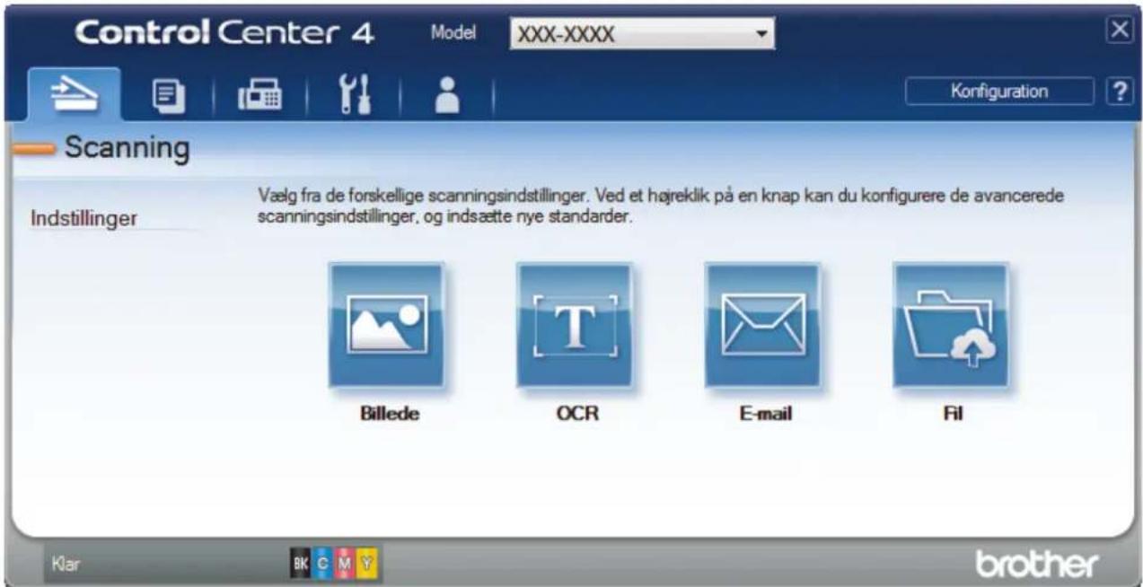 Control Center 4 Model XXX-XXXX Konfiguration Scanning Indstillinger Vælg fra de forskellige scanningsindstillinger. Ved et højreklik på en knap kan du konfigurere de avancerede scanningsindstillinger, og indsætte nye standarder. Billede OCR E-mail Fil Klar BK C M Y brother