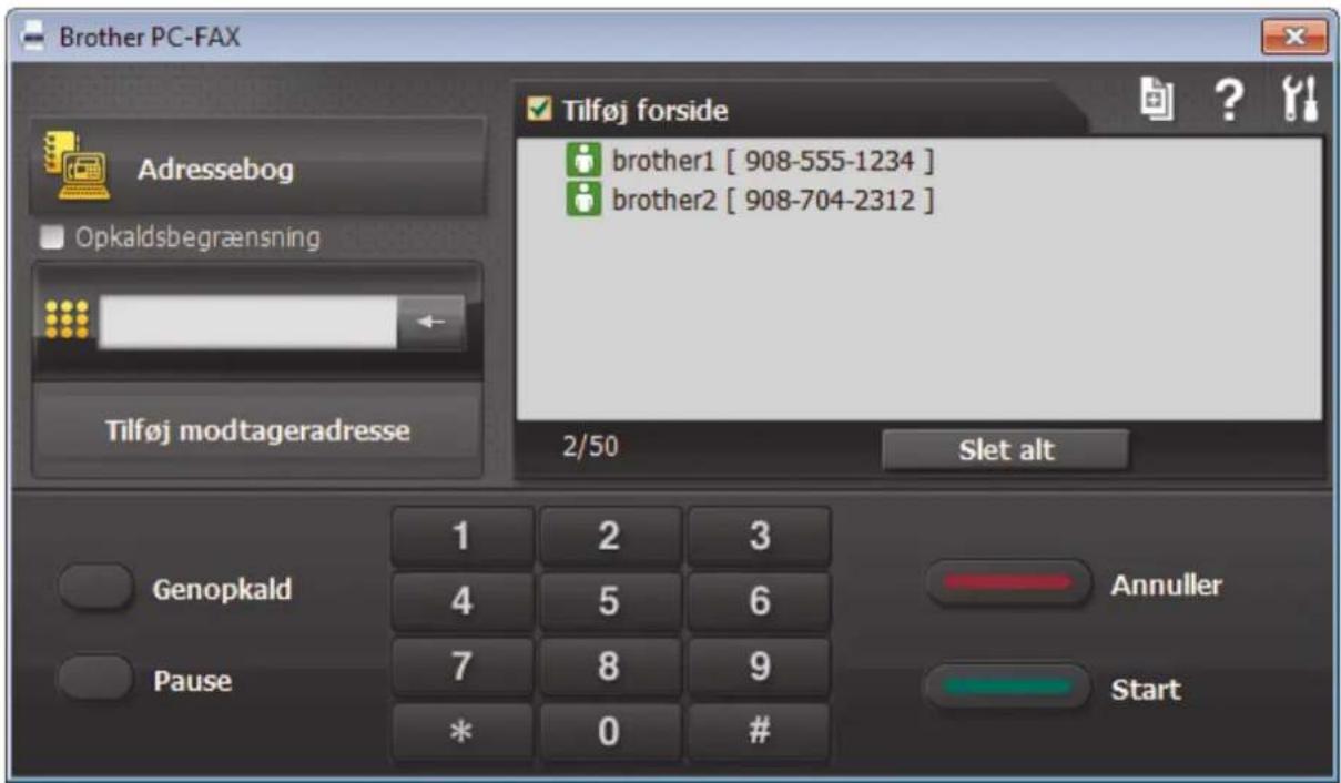 Brother PC-FAX Adressebog Opkaldsbegrænsning Tilføj modtageradresse Tilføj forside brother1 [ 908-555-1234 ] brother2 [ 908-704-2312 ] 2/50 Slet alt Genopkald Pause 1 2 3 4 5 6 7 8 9 * 0 # Annuller Start