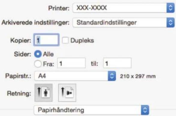 Printer: XXX-XXXX Arkiverede indstillinger: Standardindstillinger Kopier: 1 Dupleks Sider: Alle Fra: 1 til: 1 Papirstr.: A4 210 x 297 mm Retning: Papirhändtering