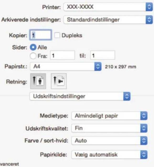 Printer: XXX-XXXX Arkiverede indstillinger: Standardindstillinger Kopier: 1 Dupleks Sider: Alle Fra: 1 til: 1 Papirstr.: A4 210 x 297 mm Retning: Udskriftsindstillinger Medietype: Almindeligt papir Udskriftskvalitet: Fin Farve / sort-hvid: Auto Papirkilde: Vælg automatisk vanceret