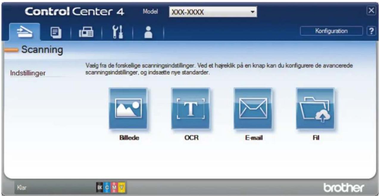 Control Center 4 Model XXX-XXXX Konfiguration Scanning Indstillinger Vælg fra de forskellige scanningsindstillinger. Ved et højreklik på en knap kan du konfigurere de avancerede scanningsindstillinger, og indsætte nye standarder. Billede OCR E-mail Fil Klar BK C M Y brother