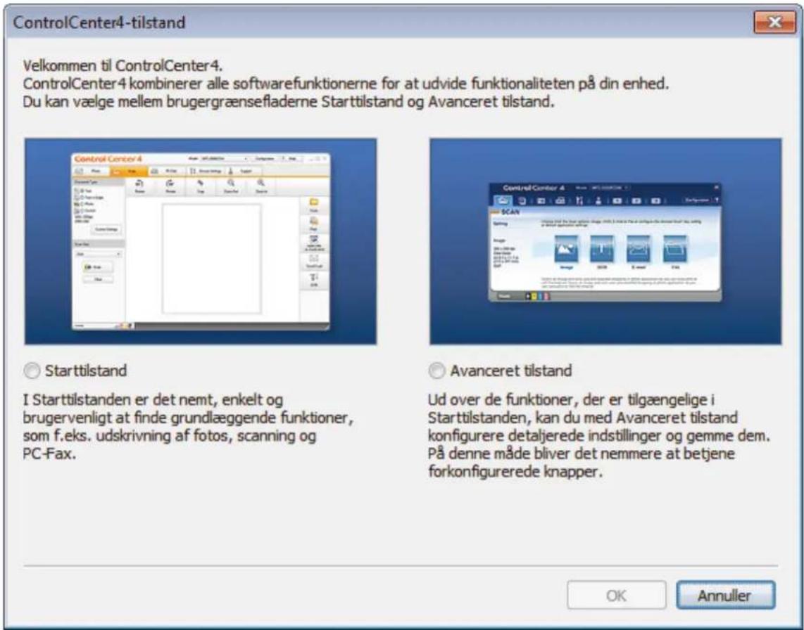 ControlCenter4-tilstand Velkommen til ControlCenter4. ControlCenter4 kombinerer alle softwarefunktionerne for at udvide funktionaliteten på din enhed. Du kan vælge mellem brugergrænsefladerne Starttilstand og Avanceret tilstand. Starttilstand I Starttilstanden er det nemt, enkelt og brugervenligt at finde grundlæggende funktioner, som f.eks. udskrivning af fotos, scanning og PC-Fax. Avanceret tilstand Ud over de funktioner, der er tilgængelige i Starttilstanden, kan du med Avanceret tilstand konfigurere detaljerede indstillinger og gemme dem. På denne måde bliver det nemmere at betjene forkonfigurerede knapper.