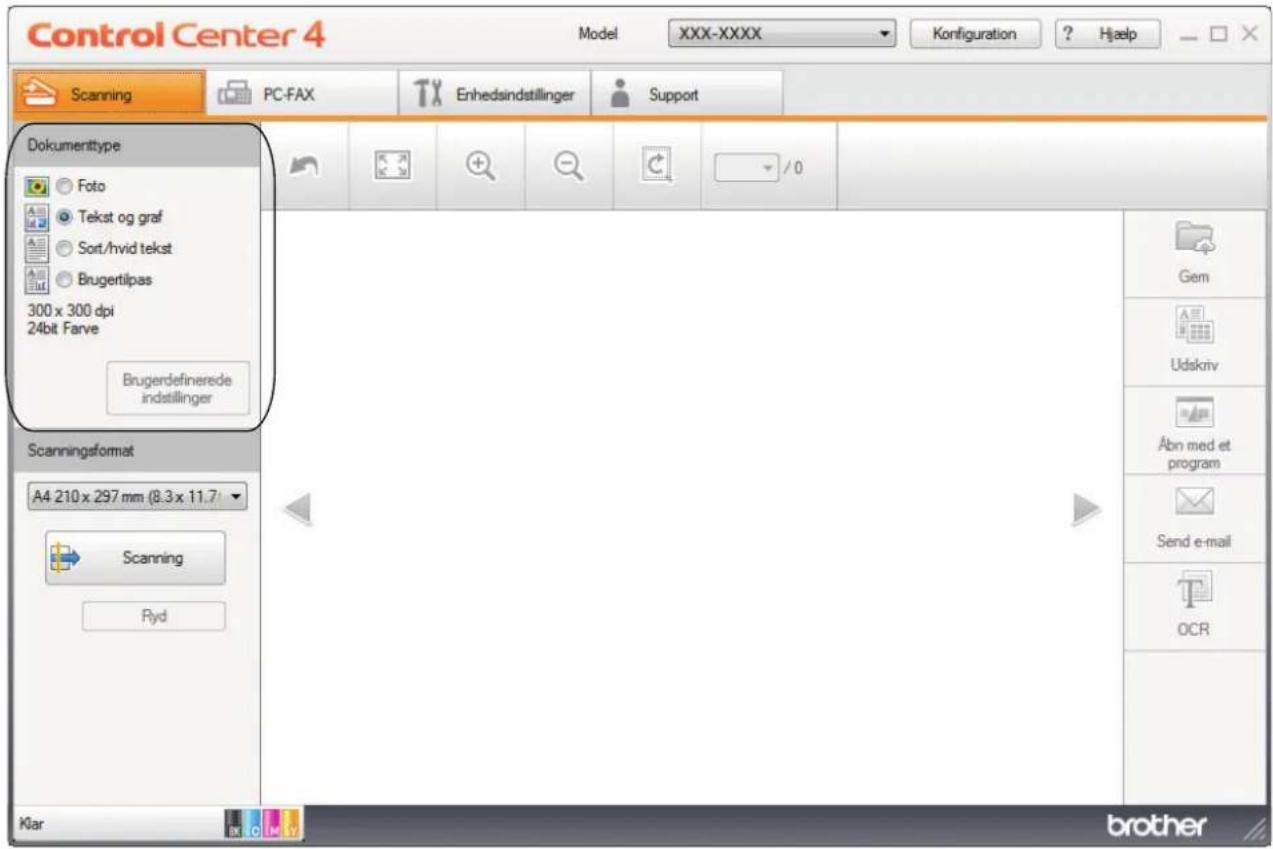 Control Center 4 Model XXX-XXXX Konfiguration ? Hjaep Scanning PC-FAX Enhedsindstillinger Support Dokumenttype Foto Tekst og graf Sort/hvid tekst Brugertilpas 300 x 300 dpi 24bit Farve Brugerdefinerede indstillinger Scanningsformat A4 210 x 297 mm (8.3 x 11.7) Scanning Ryd Klar brother