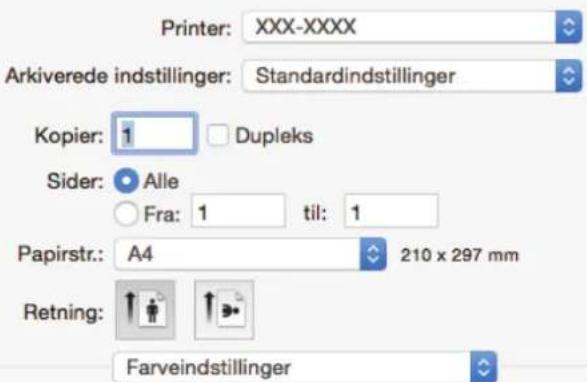 Printer: XXX-XXXX Arkiverede indstillinger: Standardindstillinger Kopier: 1 Dupleks Sider: Alle Fra: 1 til: 1 Papirstr.: A4 210 x 297 mm Retning: Farveindstillinger