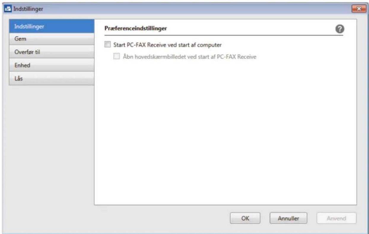 Indstillinger Indstillinger Gem Overfør til Enhed Lås Praefereenceindstillinger Start PC-FAX Receive ved start af computer Åbn hovedskæmbilledet ved start af PC-FAX Receive OK Annuller Anvend
