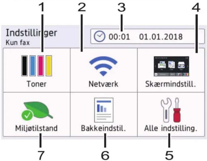 Indstillinger Kun fax 1 2 3 4 00:01 01.01.2018 Toner Netværk Skærmindstill. Miljøtilstand Bakkeindstil. Alle indstilling.