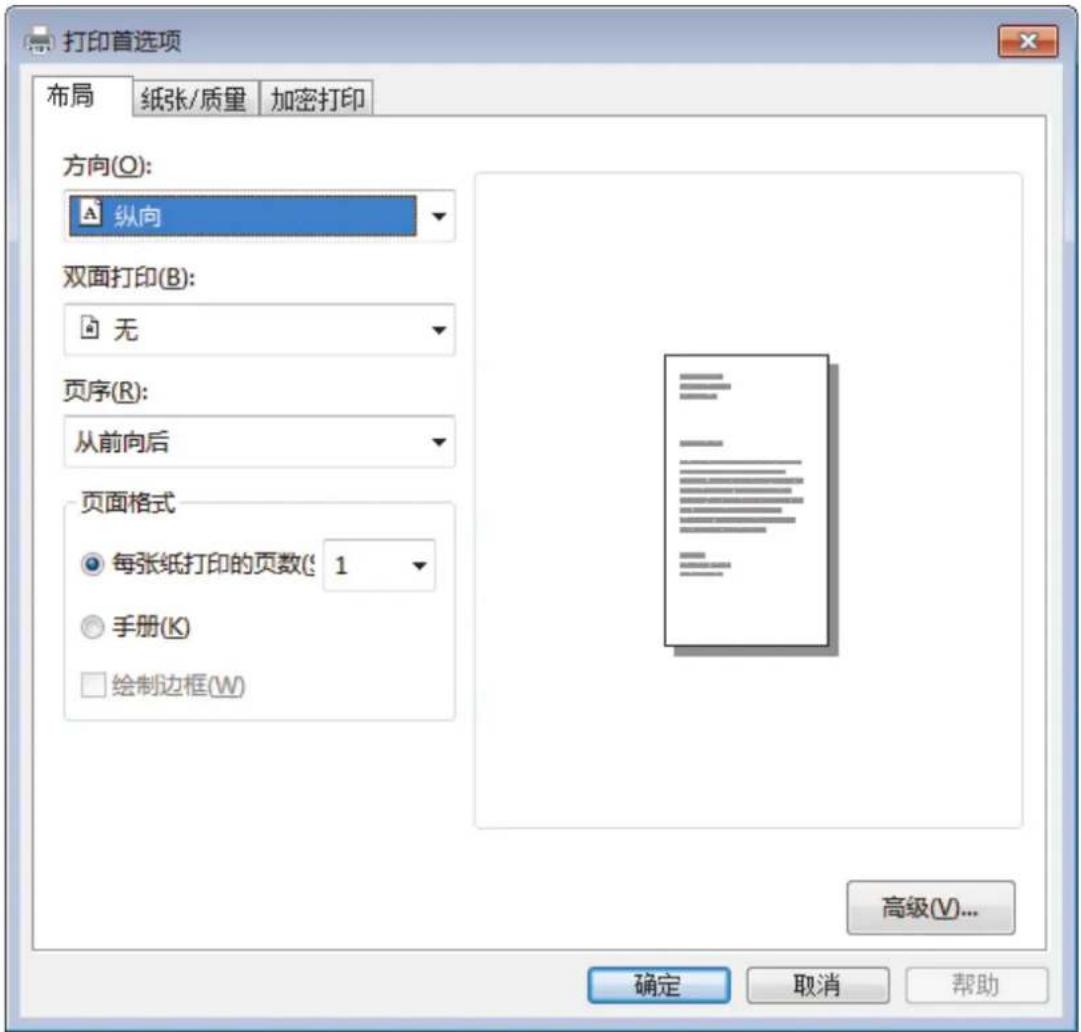 打印首选项 布局 纸张/质量 加密打印 方向(O): 纵向 双面打印(B): 无 页序(R): 从前向后 页面格式 每张纸打印的页数(1) 手册(K) 绘制边框(W) 高级(V)... 确定 取消 帮助