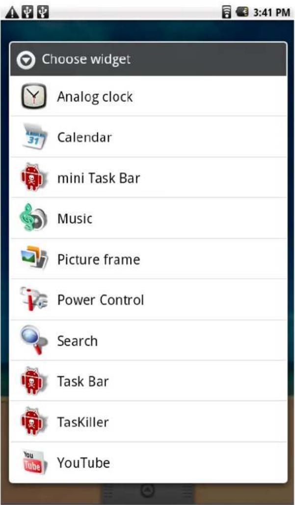 Choose widget Analog clock Calendar mini Task Bar Music Picture frame Power Control Search Task Bar TasKiller YouTube