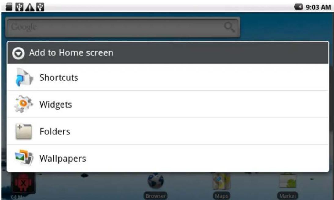 Add to Home screen Shortcuts Widgets Folders Wallpapers