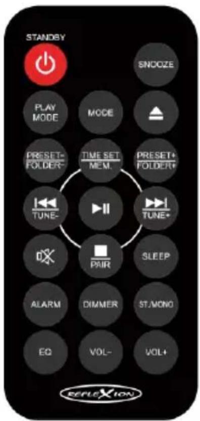 STANDBY SNOOZE PLAY MODE MODE PRESET- FOLDER- TIME SET MEM. PRESET+ FOLDER+ TUNE- TUNE+ PAIR SLEEP ALARM DIMMER ST-MONO EQ VOL- VOL+ EPELXION
