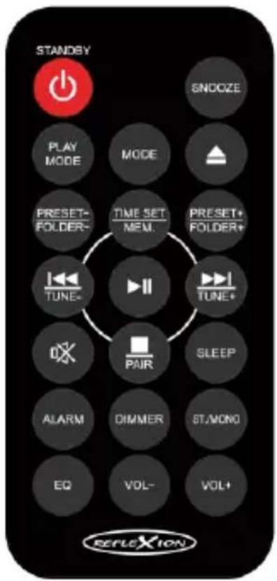 STANDBY SNOOZE PLAY MODE MODE PRESET- FOLDER- TIME SET MEM. PRESET+ FOLDER+ TUNE- TUNE+ PAIR SLEEP ALARM DIMMER STAMONG EQ VOL- VOL+ REFLEXION