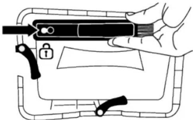Diagram showing a hand holding a device with an arrow pointing to it, alongside a lock and handle mechanism.
