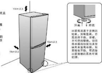 光直 图 的 伤 10cm以上 50cm以上 10cm以上 升高 降低 冰箱需放置于坐面的地面，如果显亮，不需要选择平滑、变暖、不可免的垫块，切勿将冰箱的包装形状涂装缺用来罩具体。如果稍有不稳，可重复冰箱顶部的蓝色可调底脚。