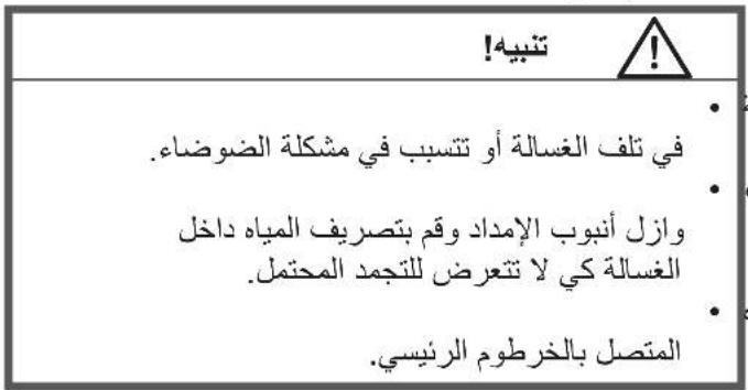 تنبيه! في تلف الغسالة أو تتسب في مشكلة الضوضاء. وازل أنوب الإمداد وقم بتصريف国会edia داخل الغسالة كي لا تتعرض للتجمد المحتمل. المtersا بالخرطوم Rajنيسي.