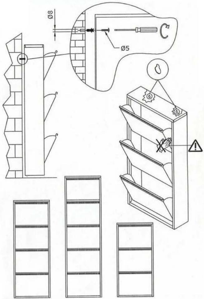 Technical diagram illustrating window frame installation with labeled components and safety warning symbols